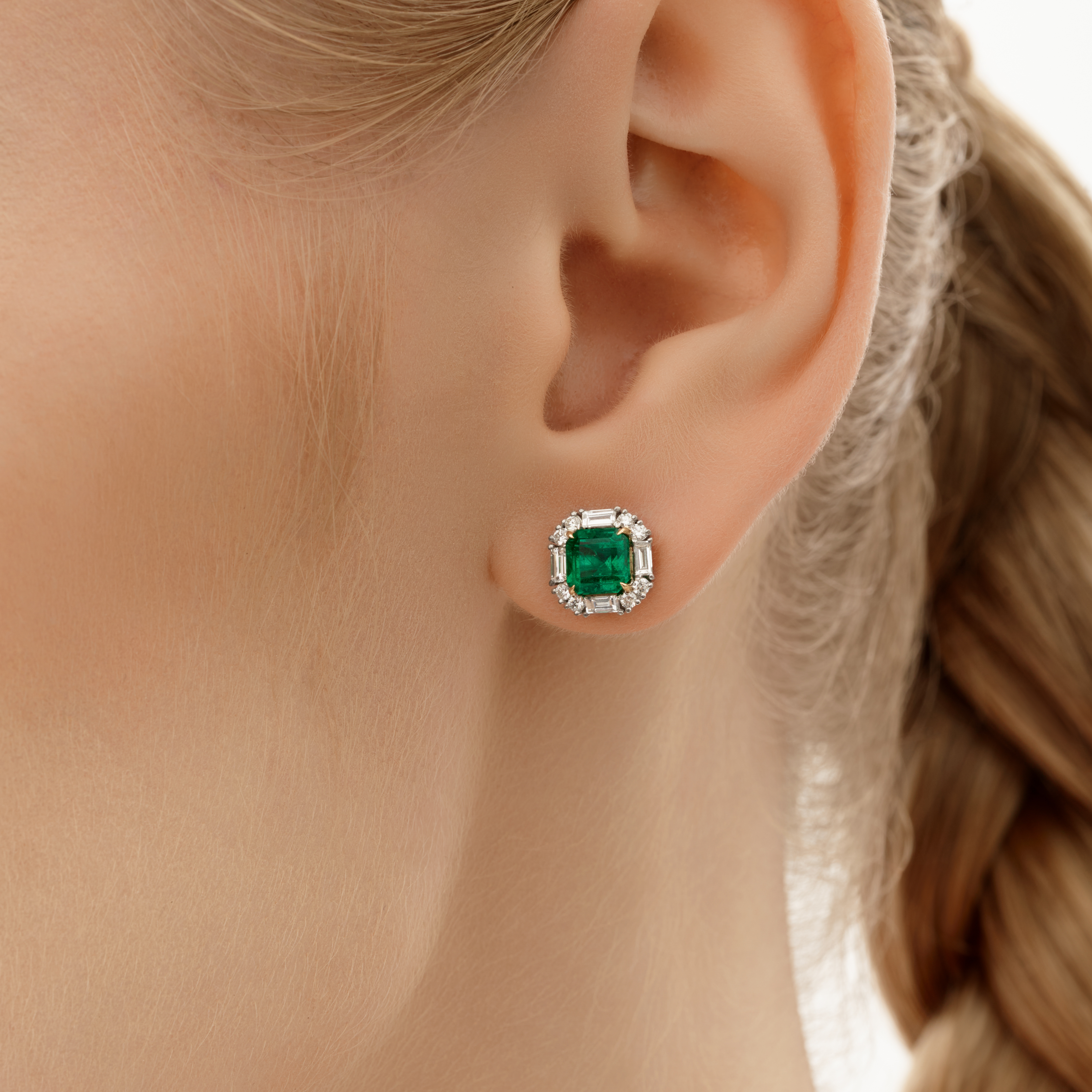 Cushion Cut Emerald and Diamond Stud Earrings