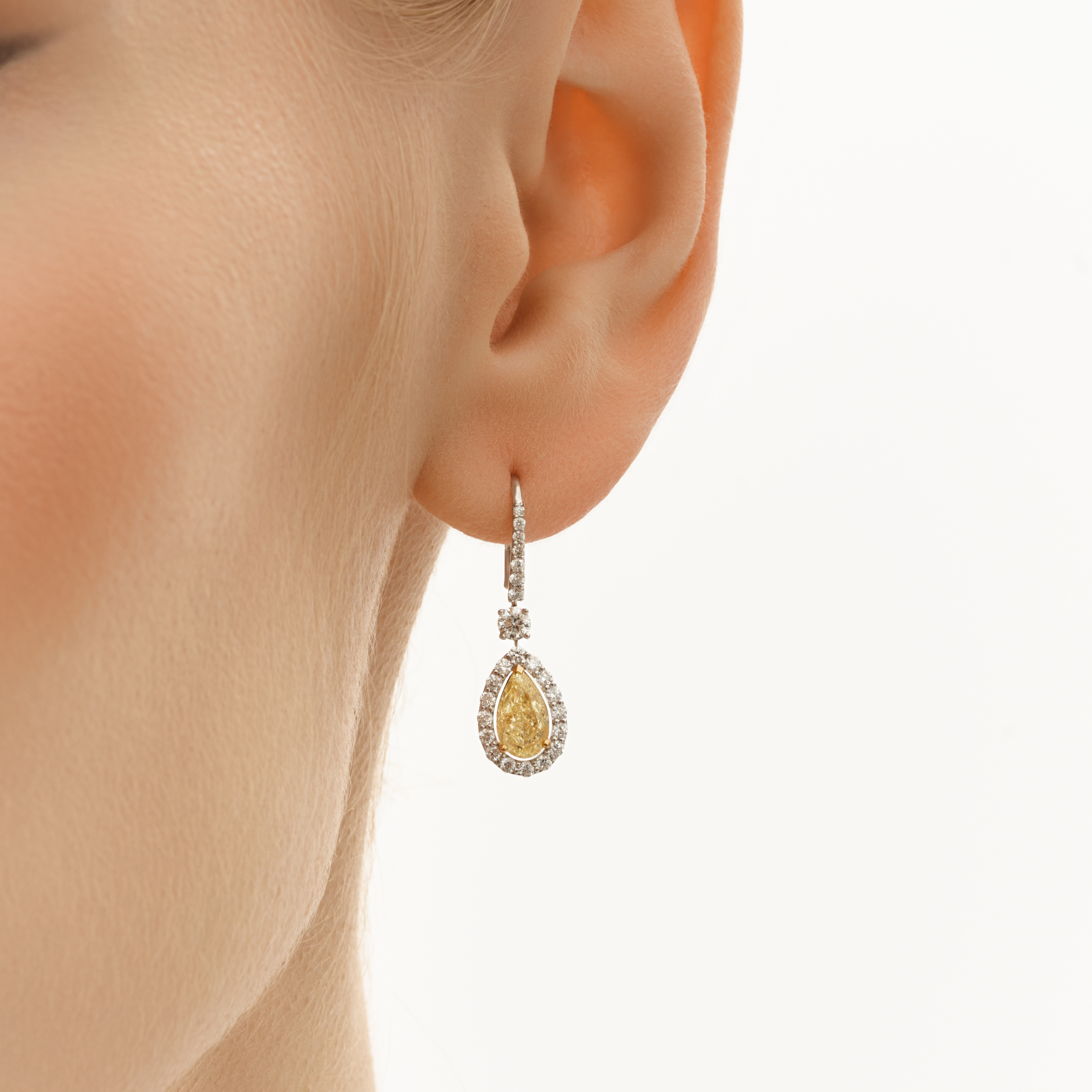 Pear Cut Yellow and White Diamond Earrings